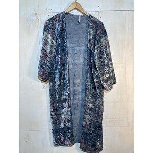 Anthropologie Moonlight Waves Velvet Burnout Kimono Cardigan Robe Blue  One Size